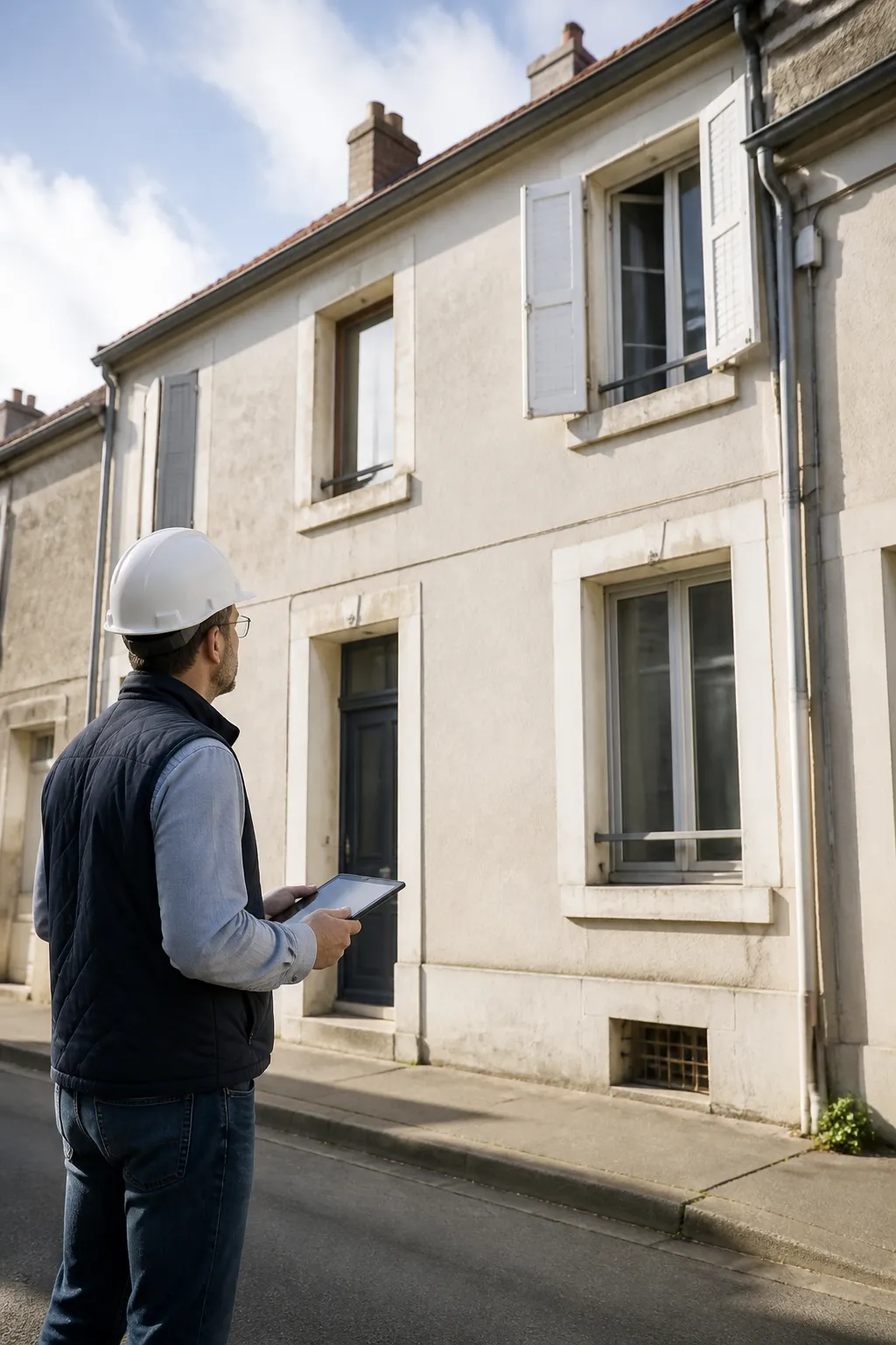 Expert en bâtiment devant une maison de ville à Bourg-en-Bresse