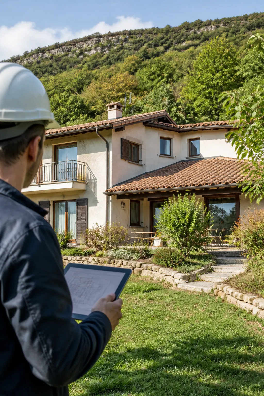 Maison individuelle sur un terrain en pente au pied d’une montagne boisée