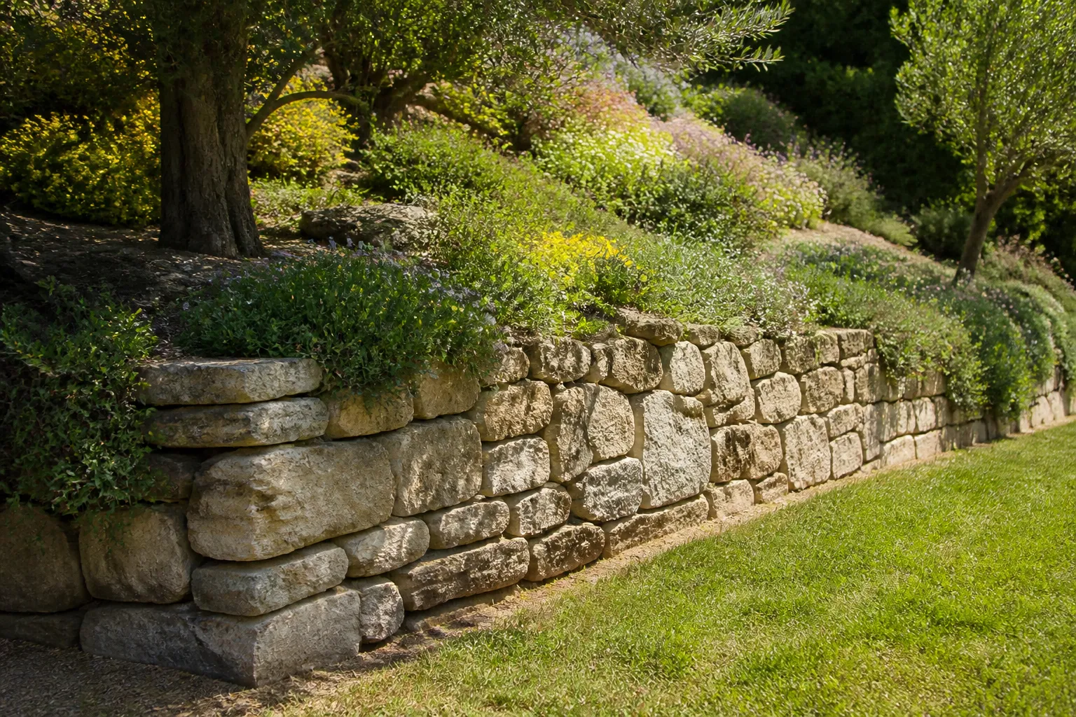 Mur de soutènement en pierre dans un jardin