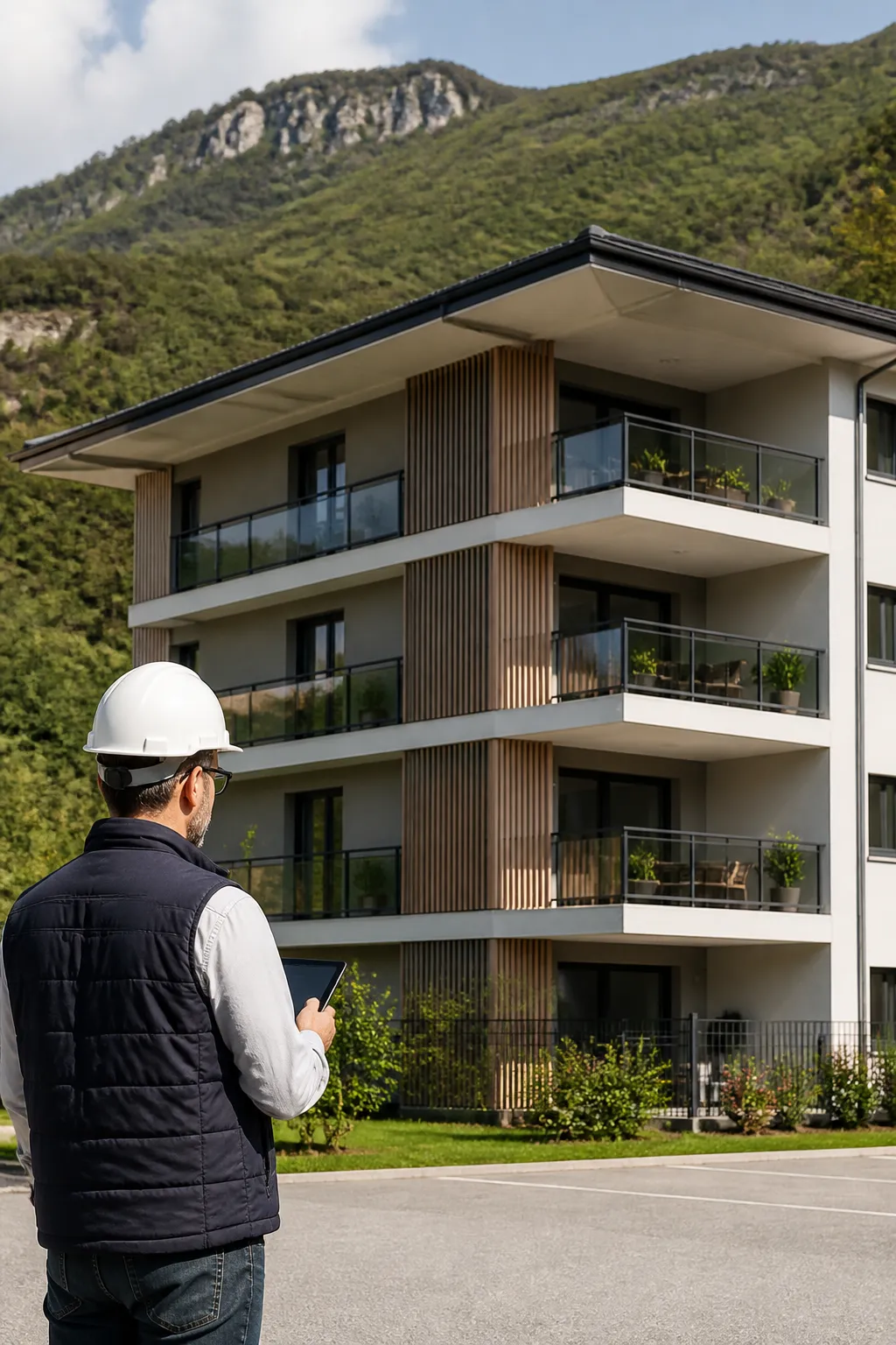 Expert en bâtiment devant un petit immeuble résidentiel récent