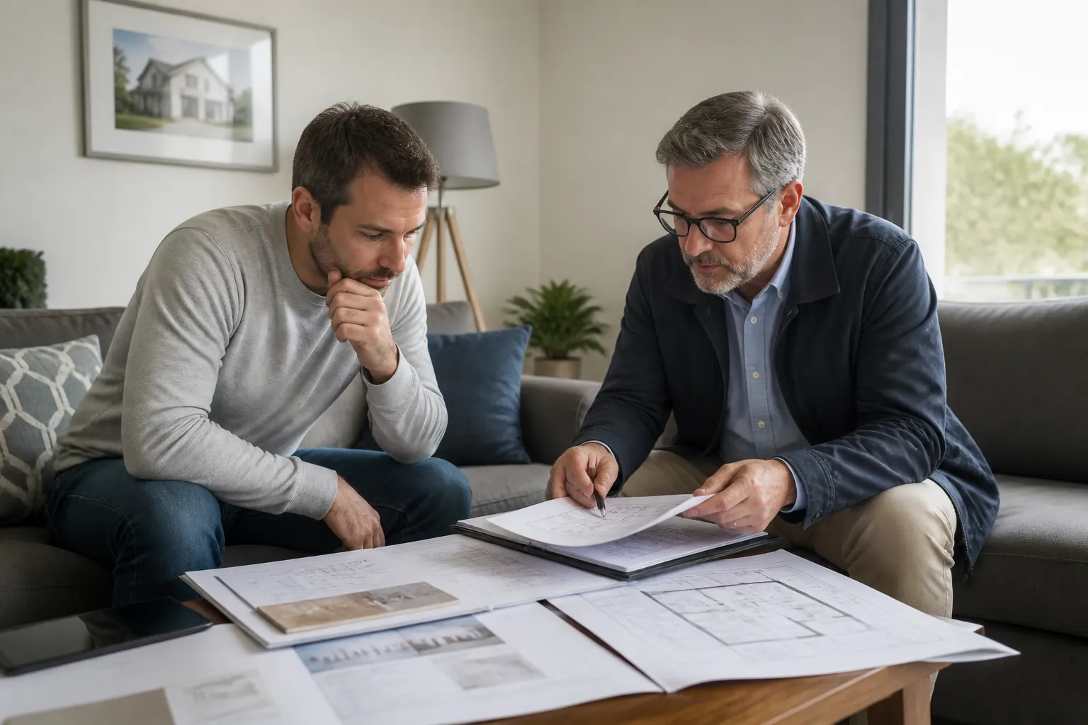 Acheteur consultant des documents avec un expert