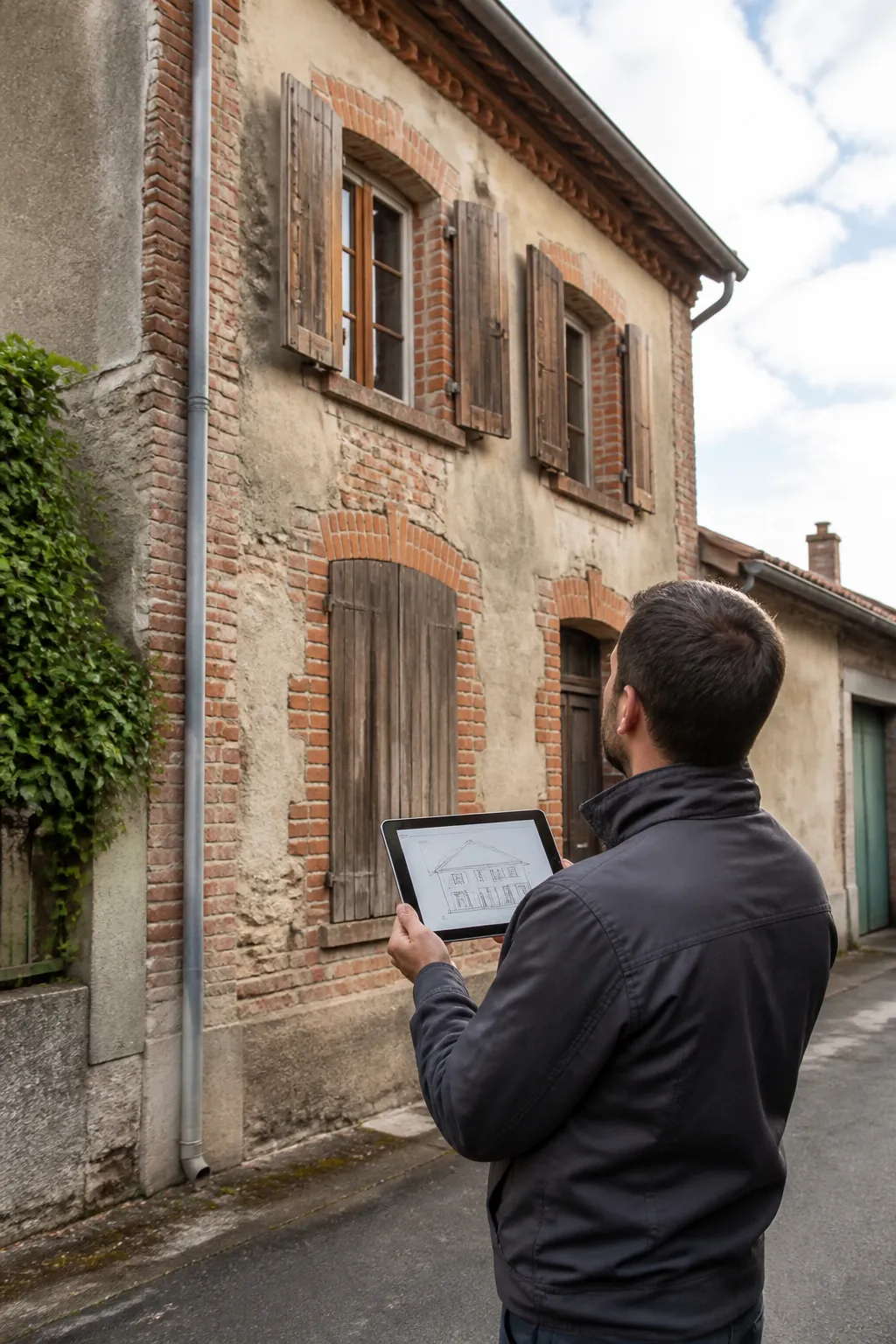 Expert en bâtiment devant une maison ancienne à rénover