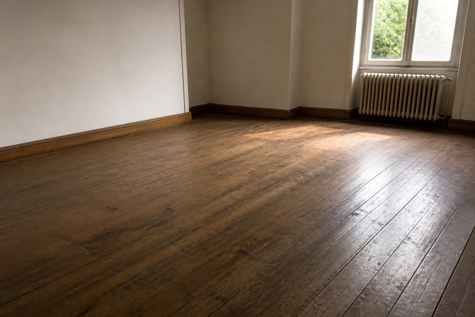 Plancher en bois ancien dans une pièce vide