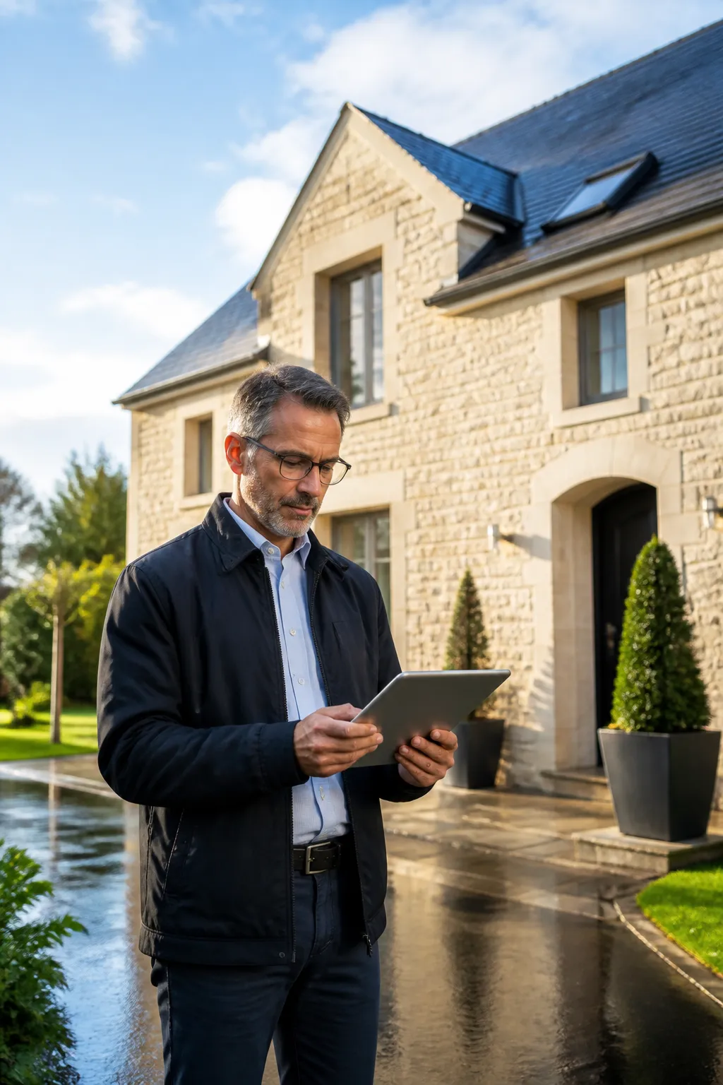 Expert en bâtiment devant une maison individuelle après la pluie