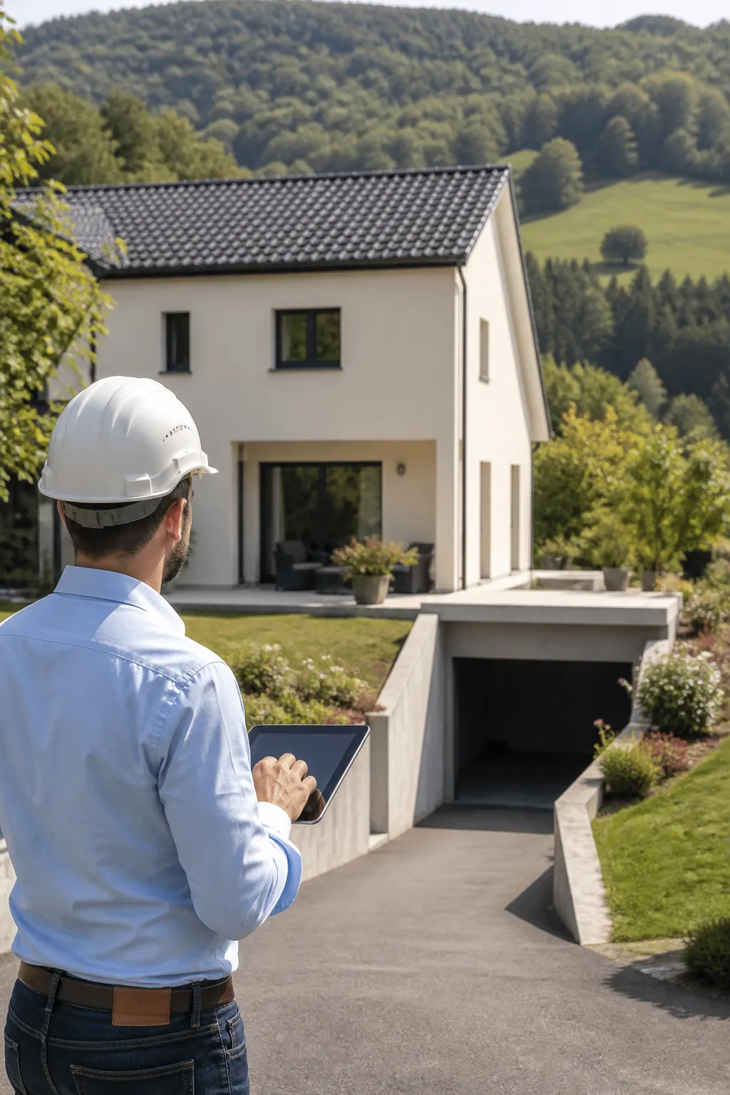 Expert en bâtiment devant un pavillon avec sous-sol