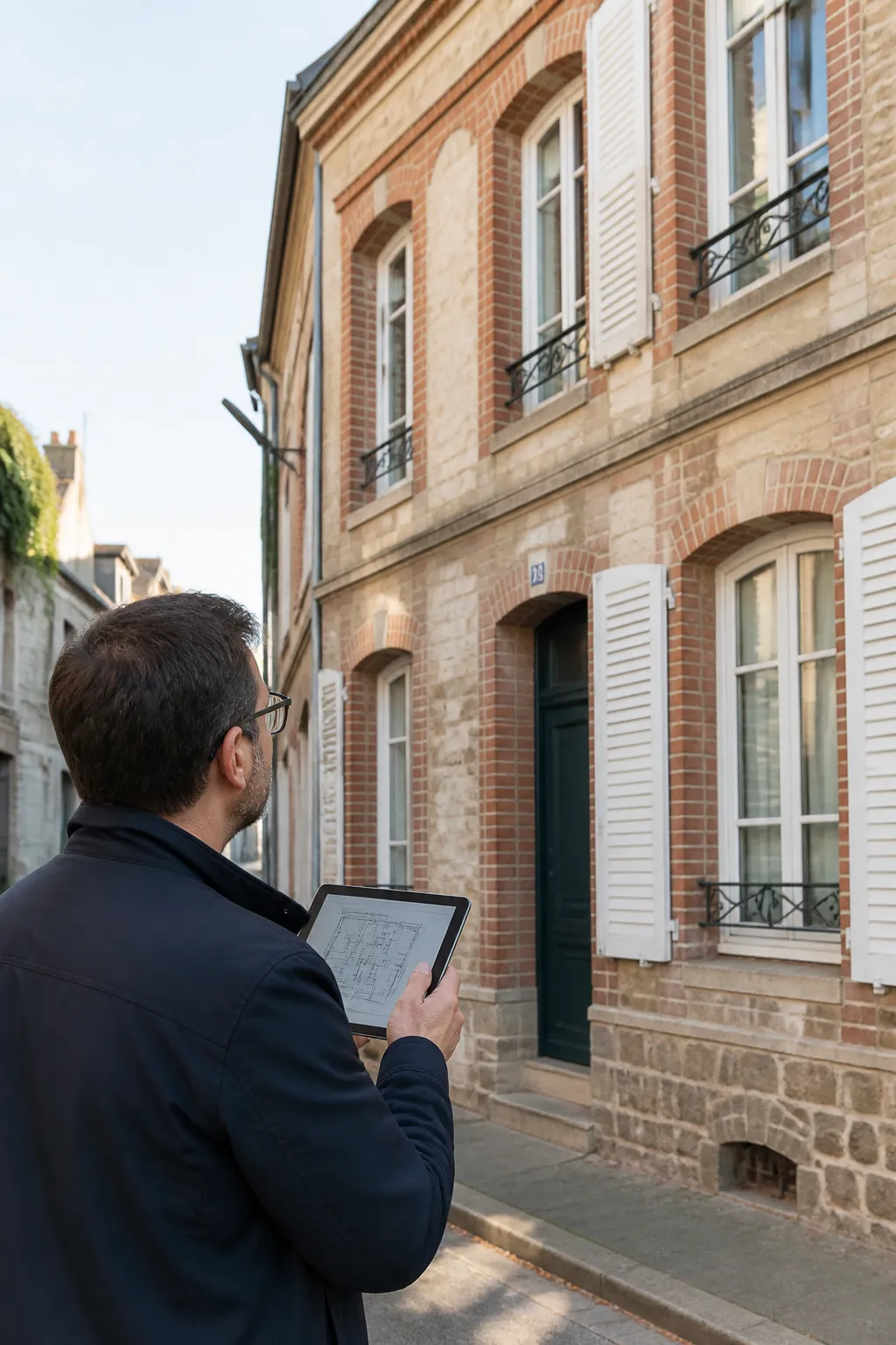Expert en bâtiment devant une maison de ville ancienne