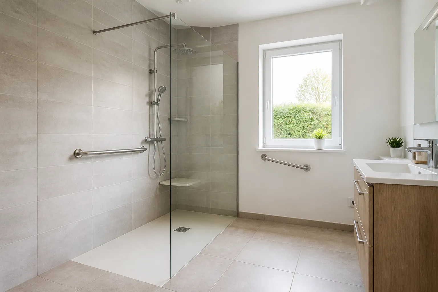Salle de bains de plain-pied avec douche à l’italienne