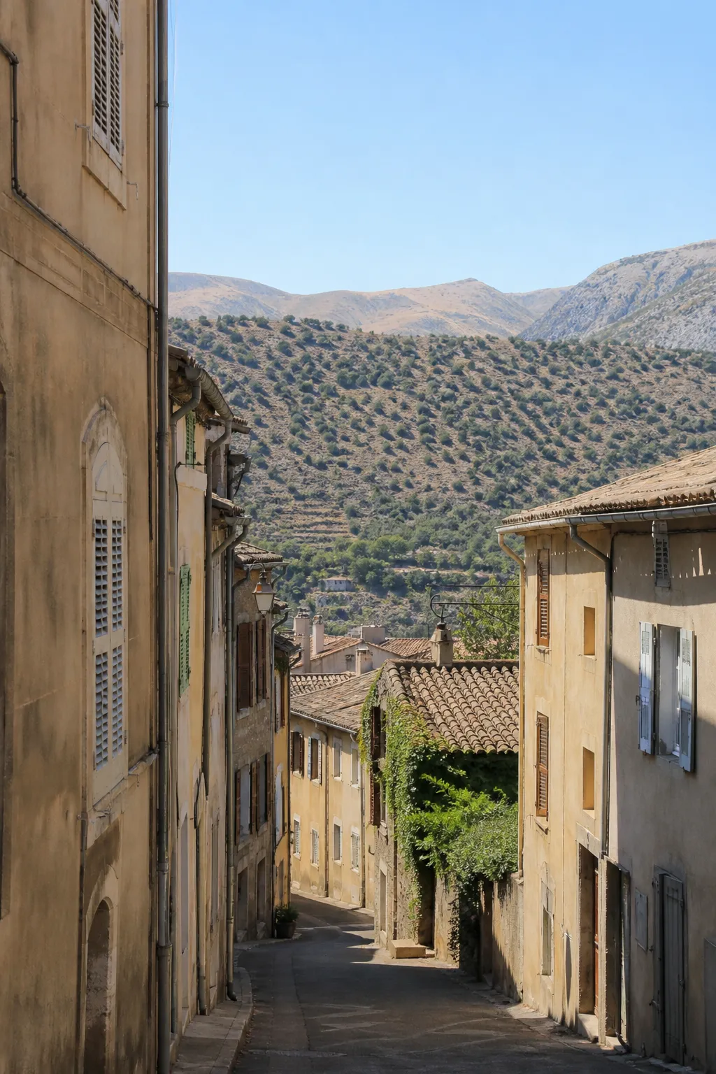 Immeubles anciens enduits dans une rue en pente d’une ville de Haute-Provence