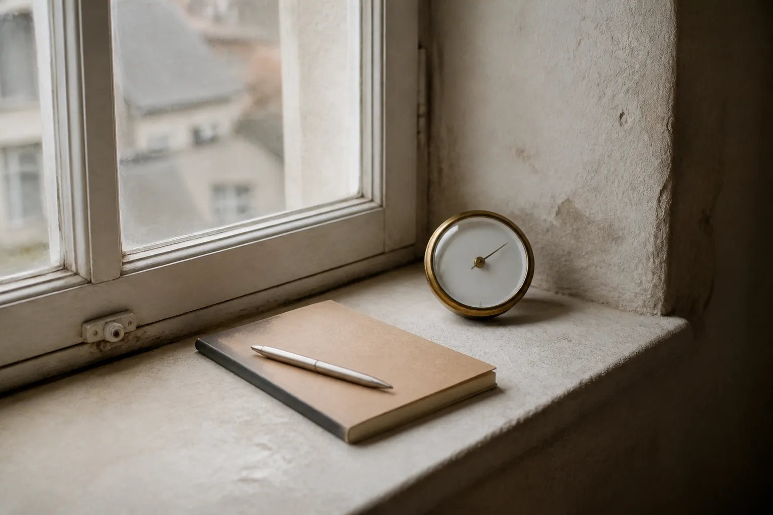 Carnet de notes et humidimètre posés sur un rebord de fenêtre