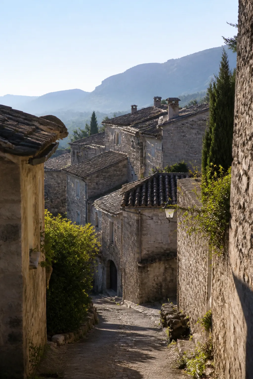 Maisons anciennes en pierre étagées sur une colline de Haute-Provence