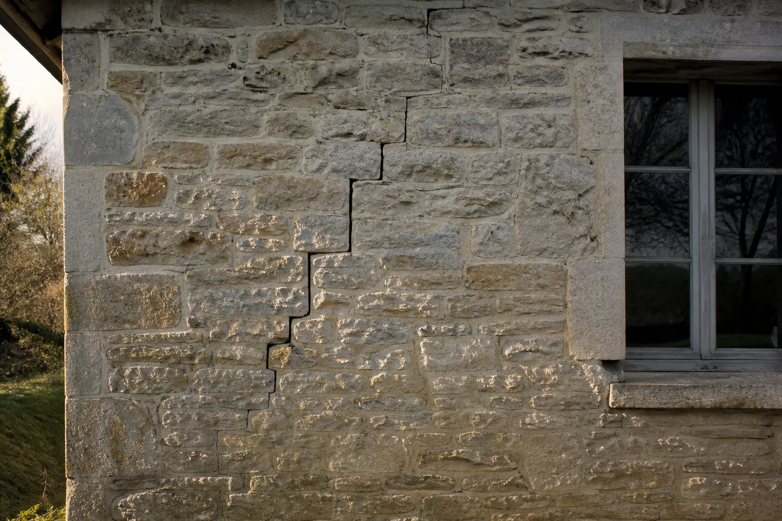 Mur extérieur en pierre avec fissure en escalier