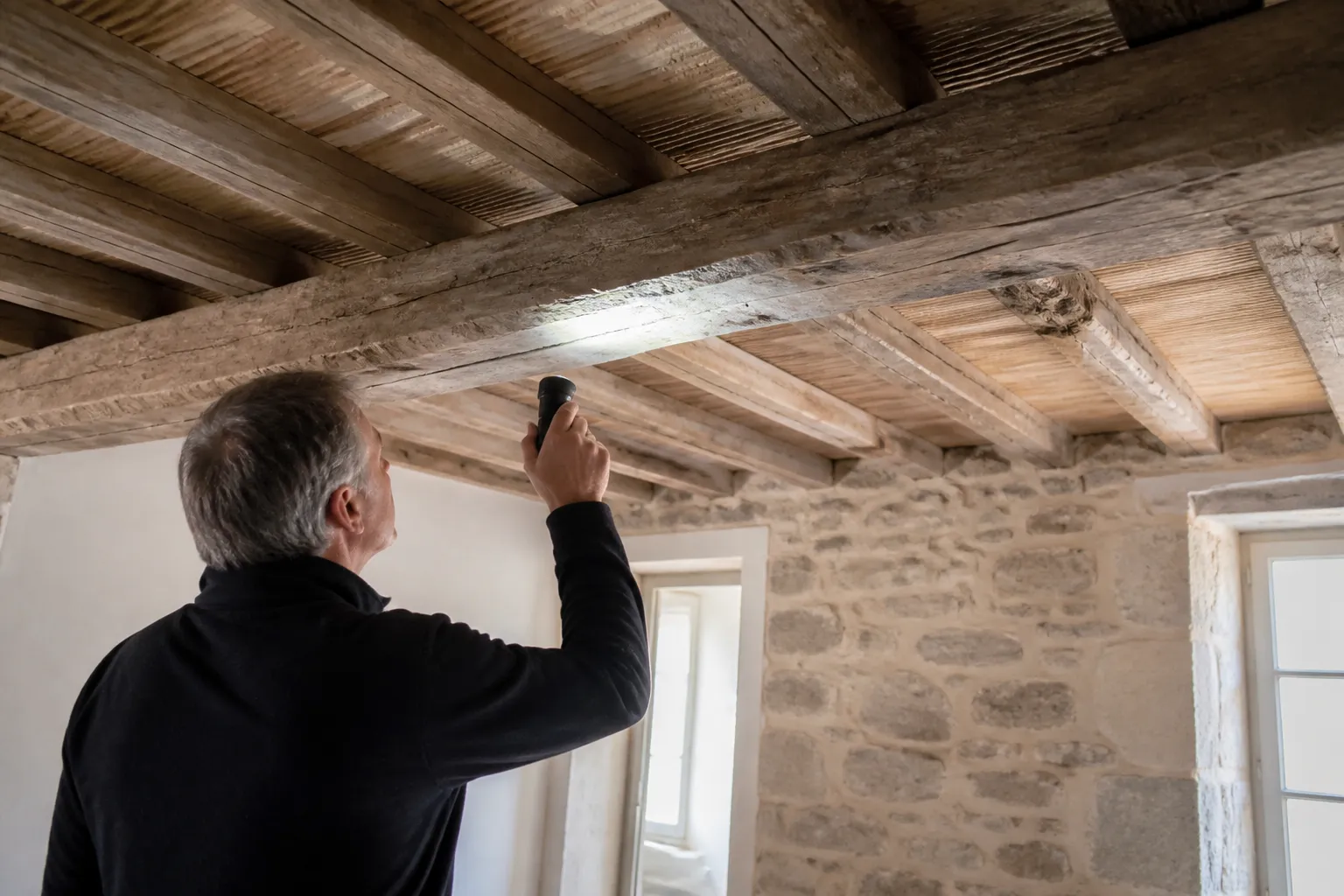 Expert en bâtiment observant un plafond ancien à poutres