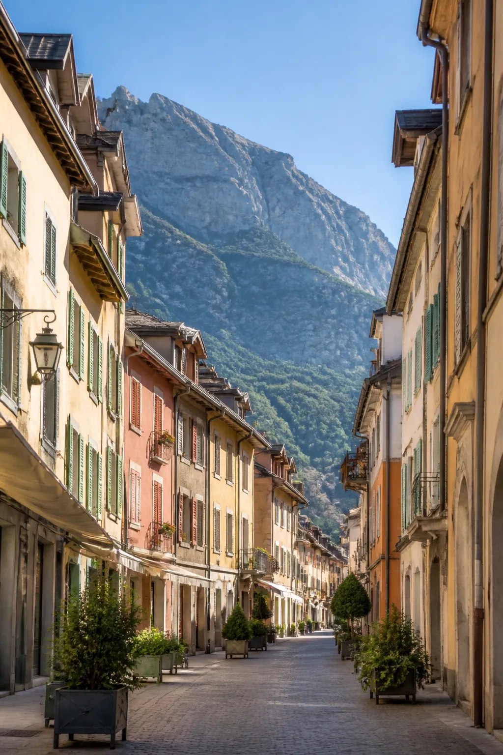 Immeubles anciens colorés d’un centre-ville alpin avec montagnes au fond