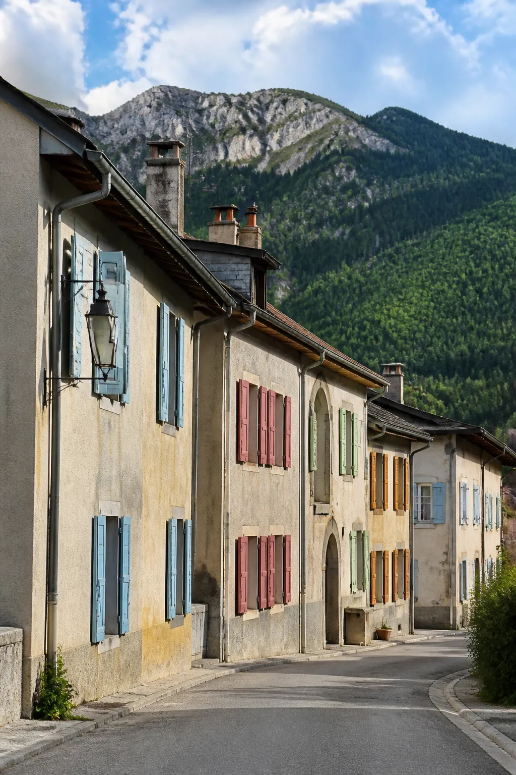Maisons anciennes d’un bourg alpin le long d’une rue calme