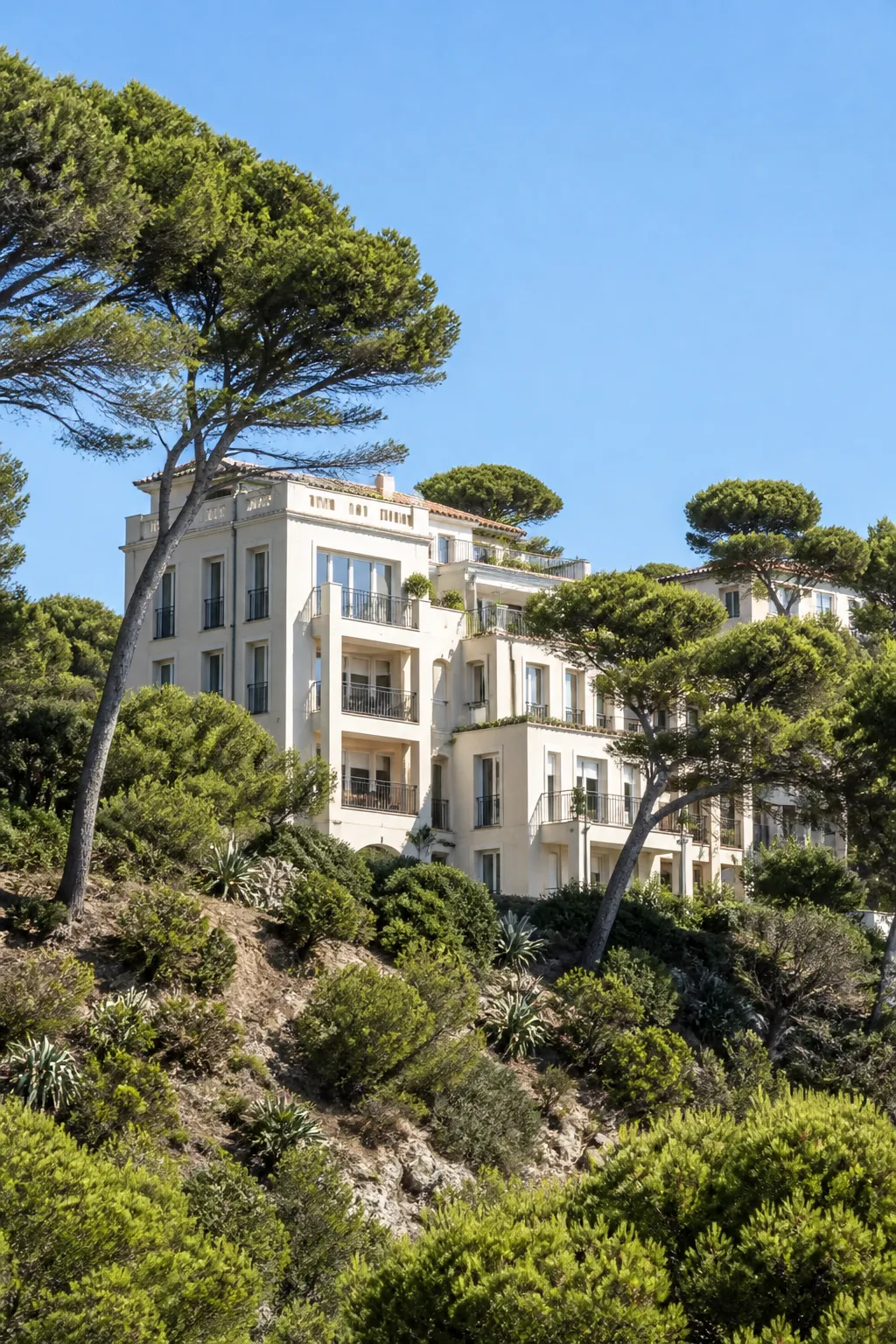 Résidence méditerranéenne avec balcons et pins sur une colline