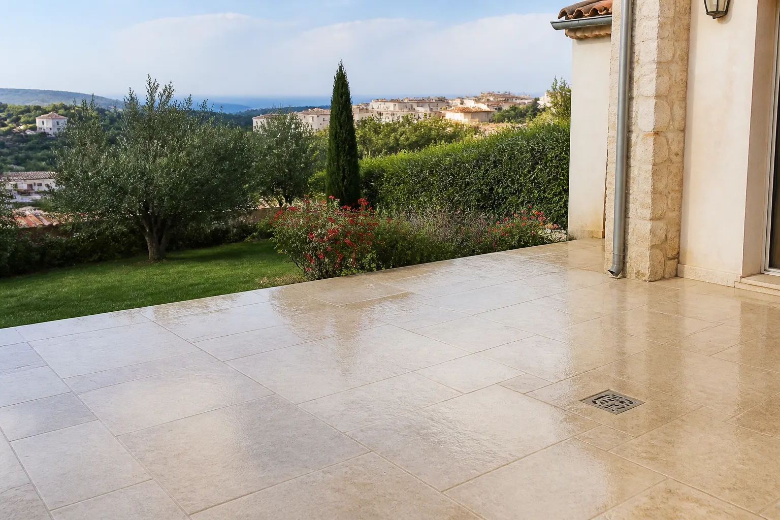 Terrasse de villa avec évacuations d’eaux pluviales