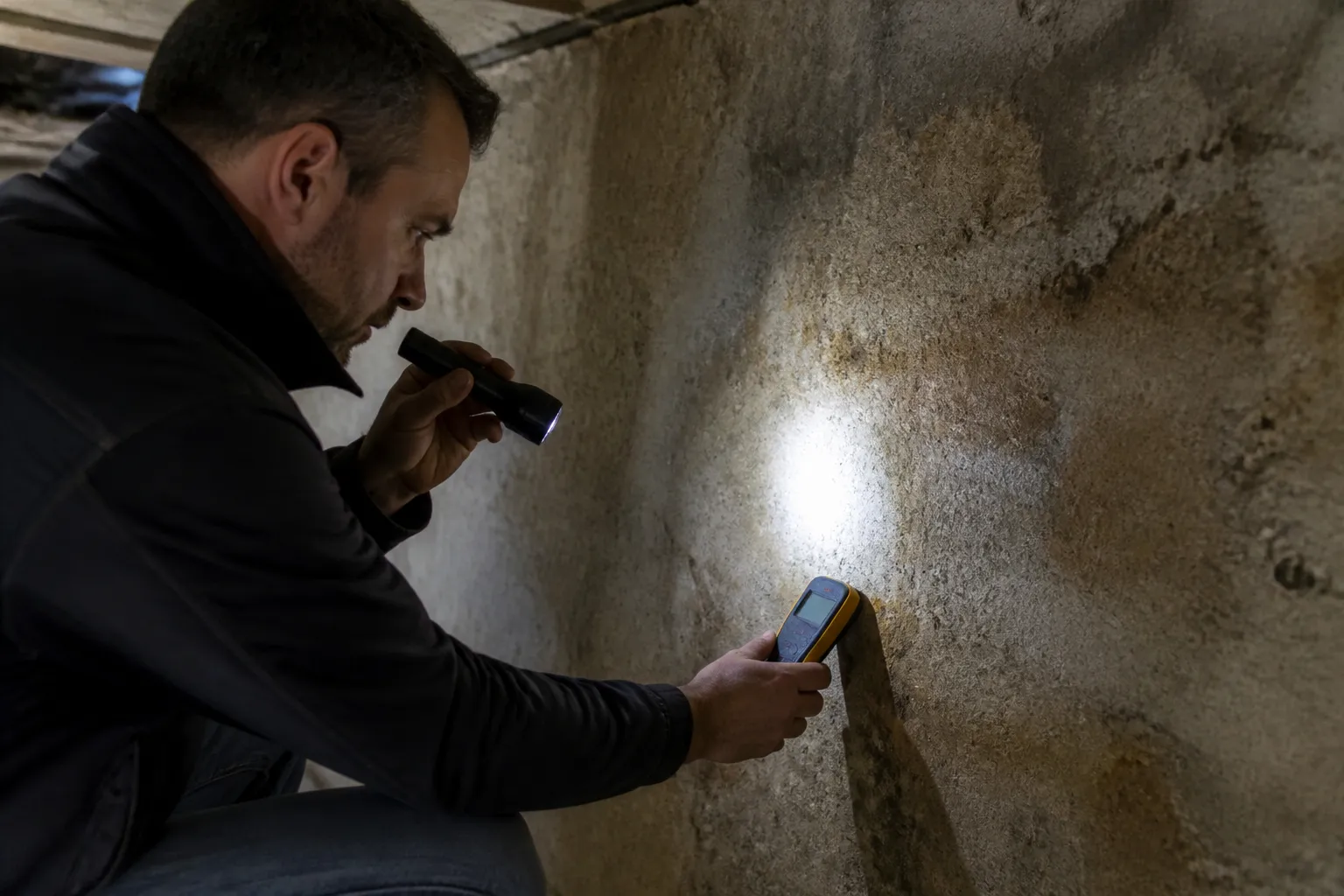 Expert en bâtiment mesurant l’humidité d’un mur de cave