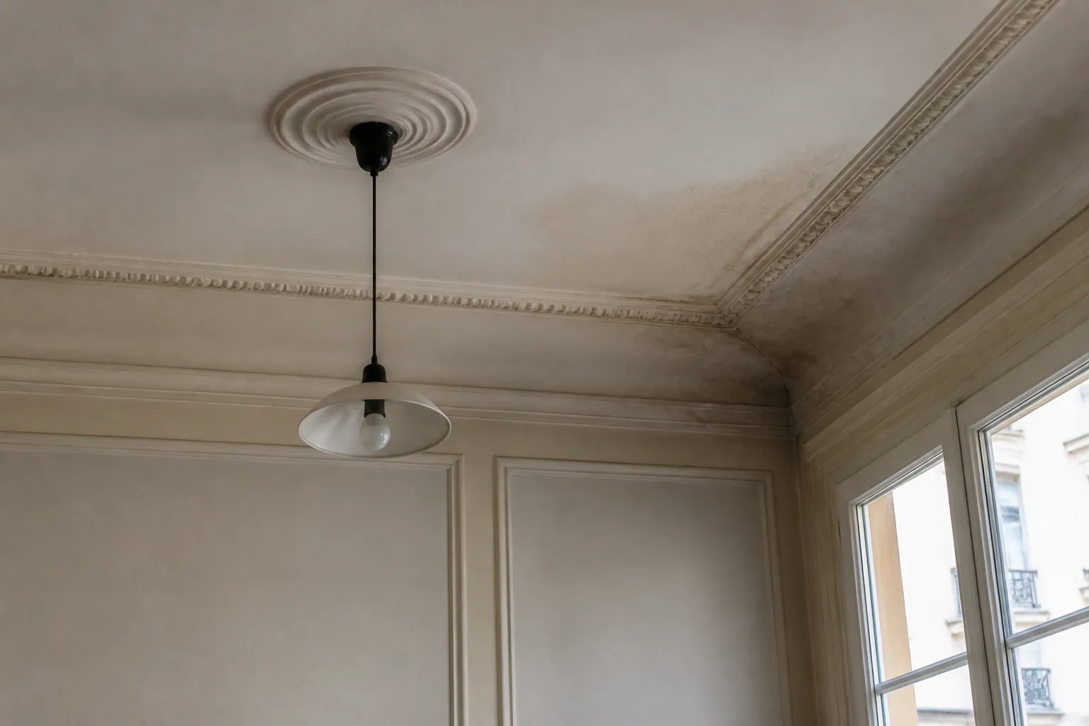 Plafond mouluré avec trace d’infiltration dans un appartement ancien