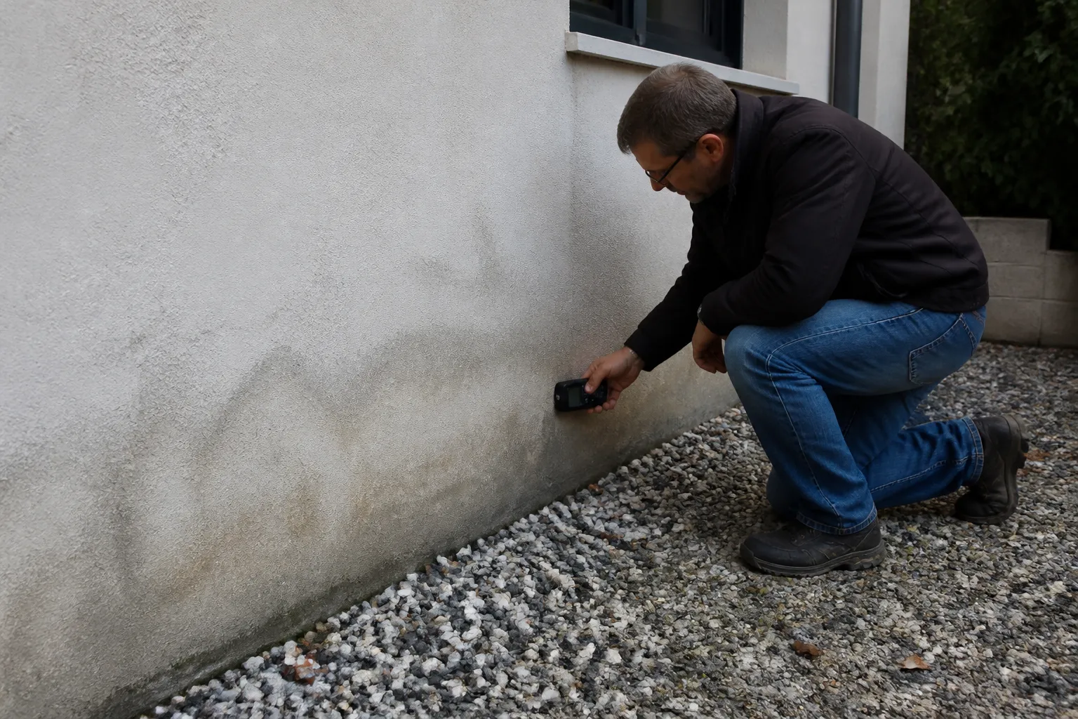 Rez-de-chaussée d’une maison avec enduit taché en pied de mur