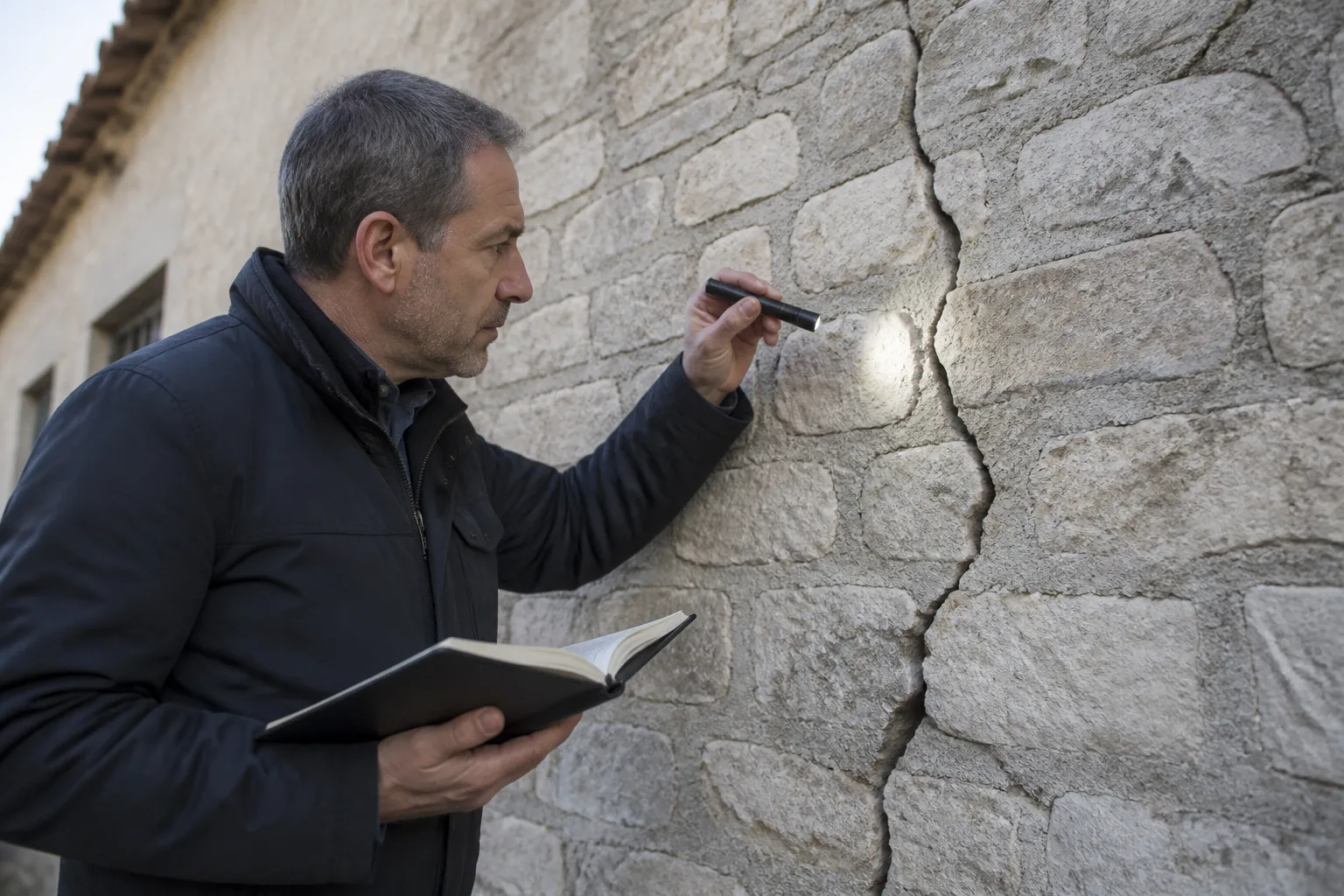 Expert observant une fissure sur un mur extérieur en pierre