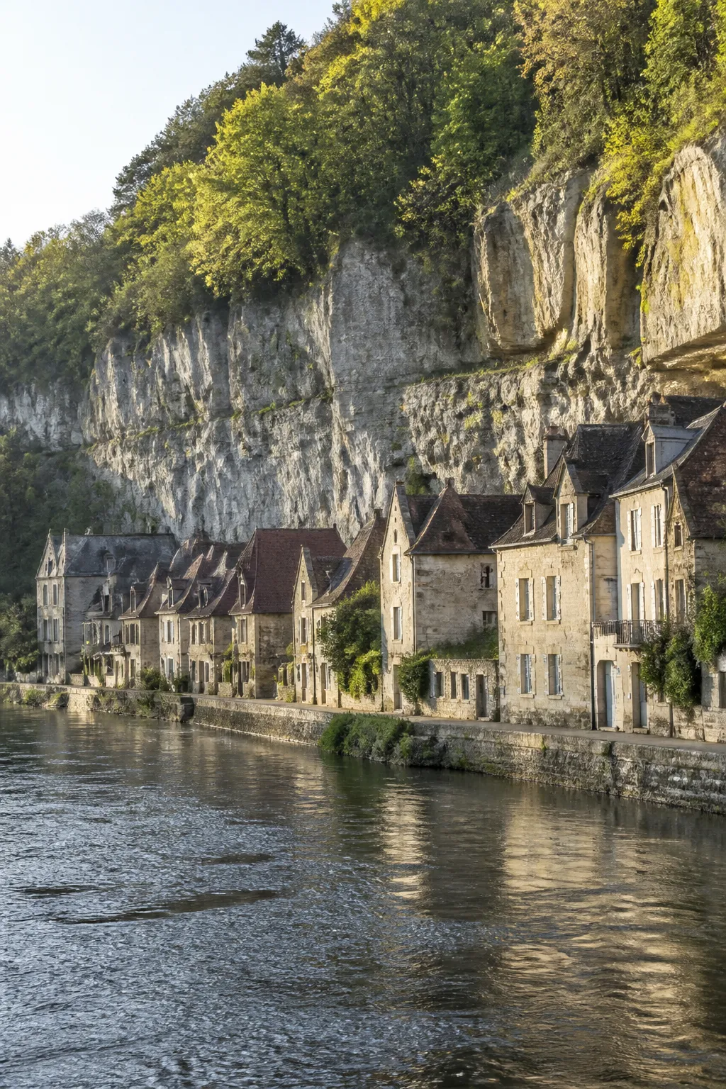 Maisons anciennes en pierre au pied d’une falaise boisée en bord de rivière