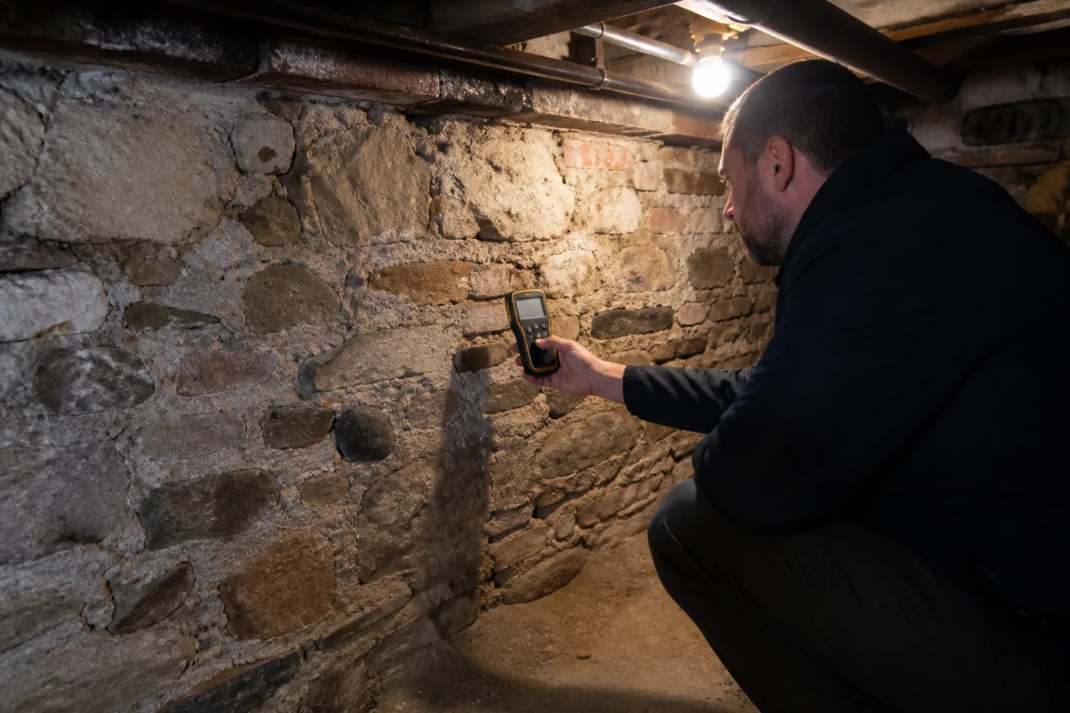 Sous-sol de maison avec mur enterré et appareil de mesure