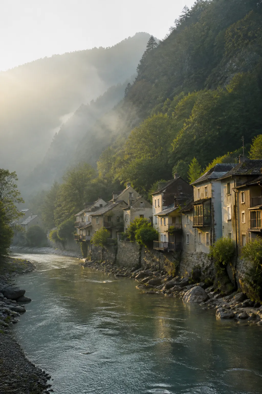 Maisons en bord de rivière au pied de versants forestiers escarpés