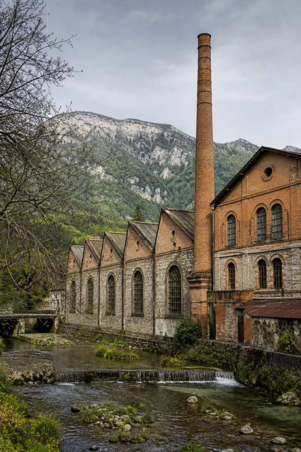Ancienne usine textile en brique avec toiture en sheds au bord d’une rivière