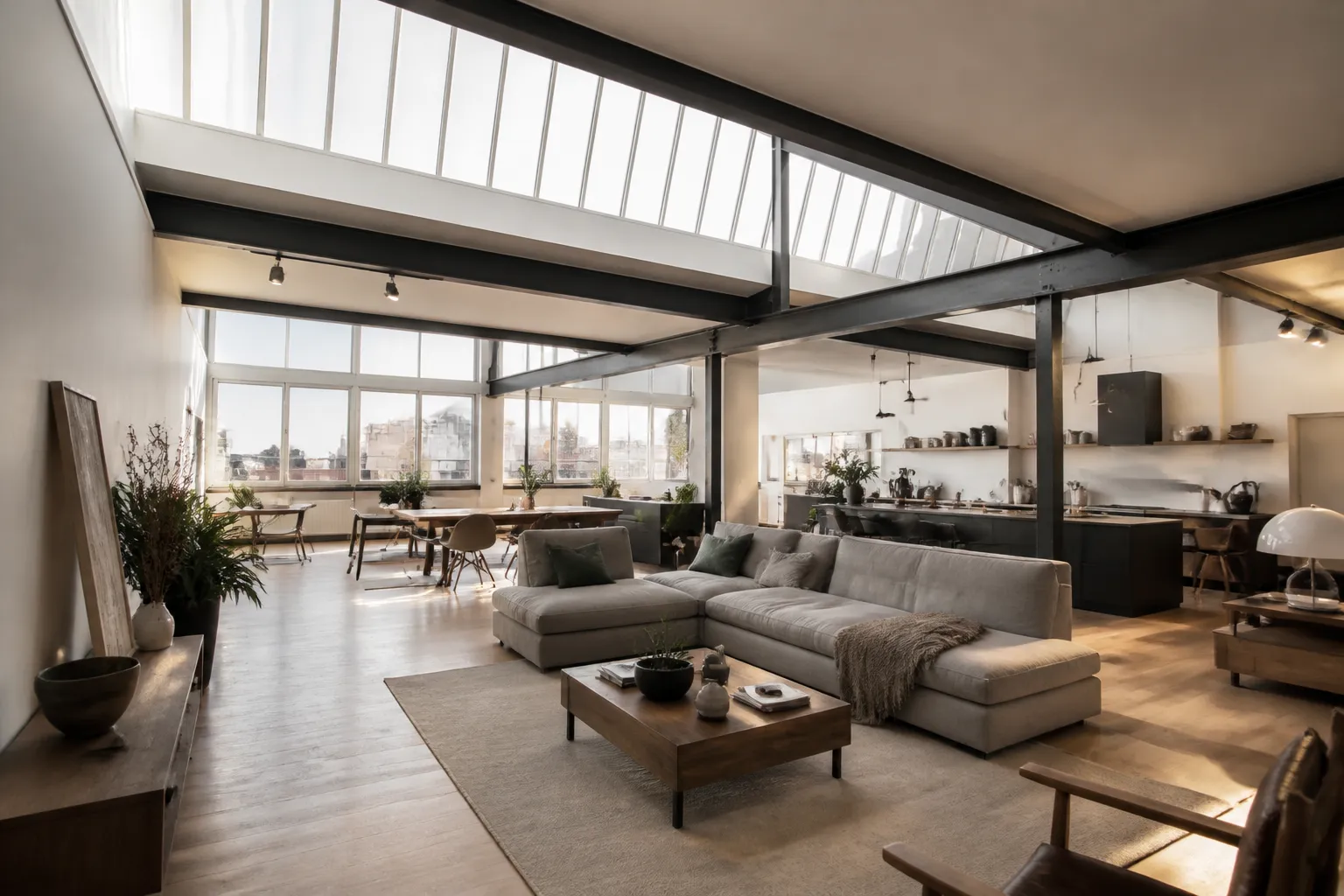 Intérieur d’un loft aménagé sous une toiture en sheds