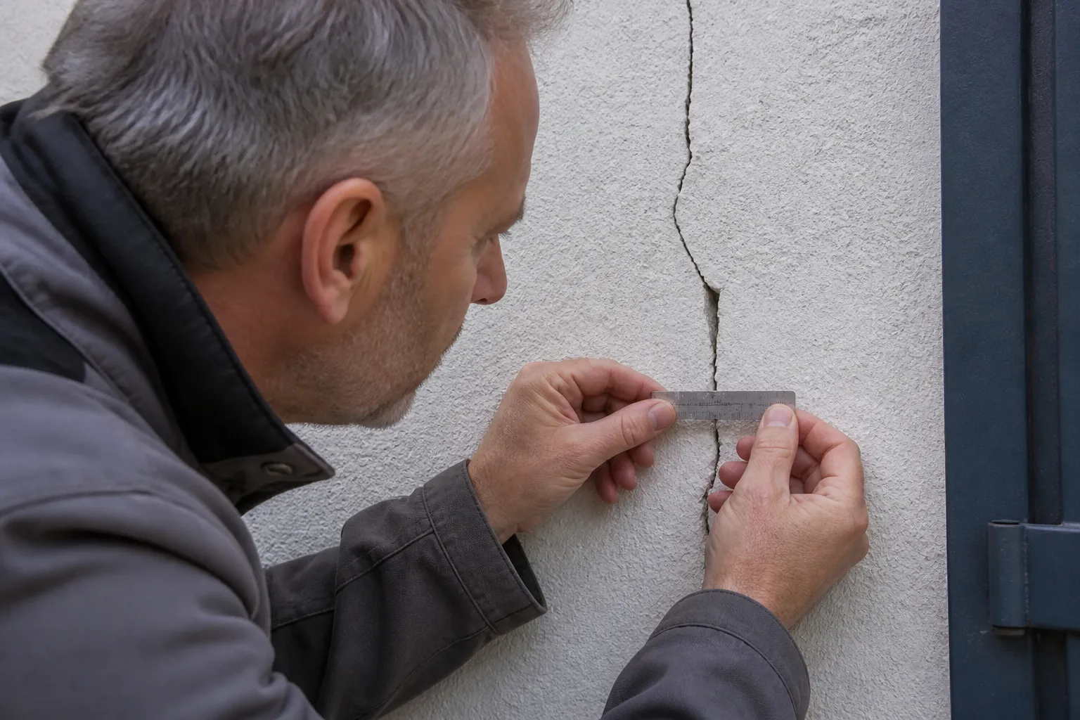 Expert mesurant l’ouverture d’une fissure sur une façade enduite