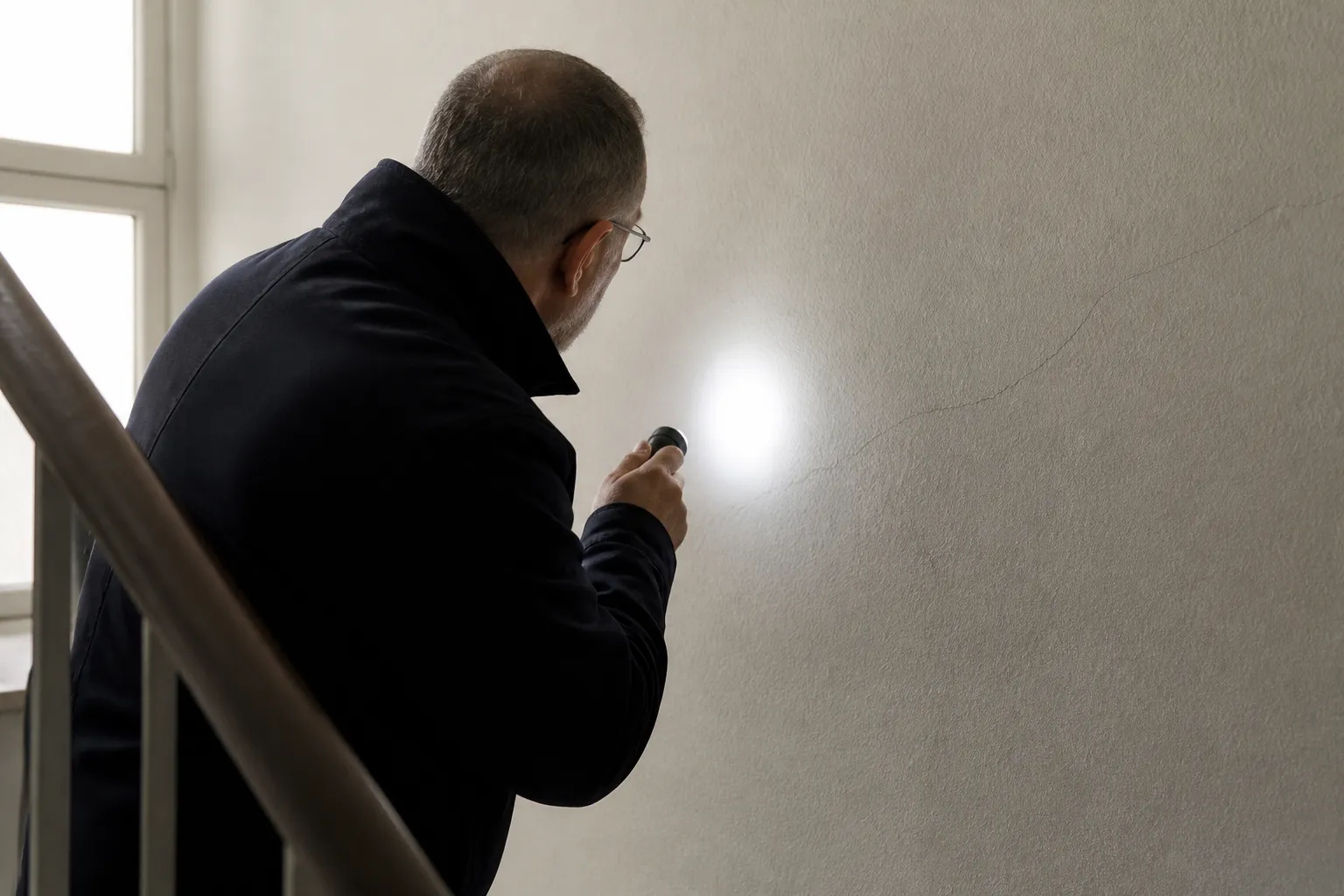 Expert examinant une cage d’escalier d’immeuble collectif