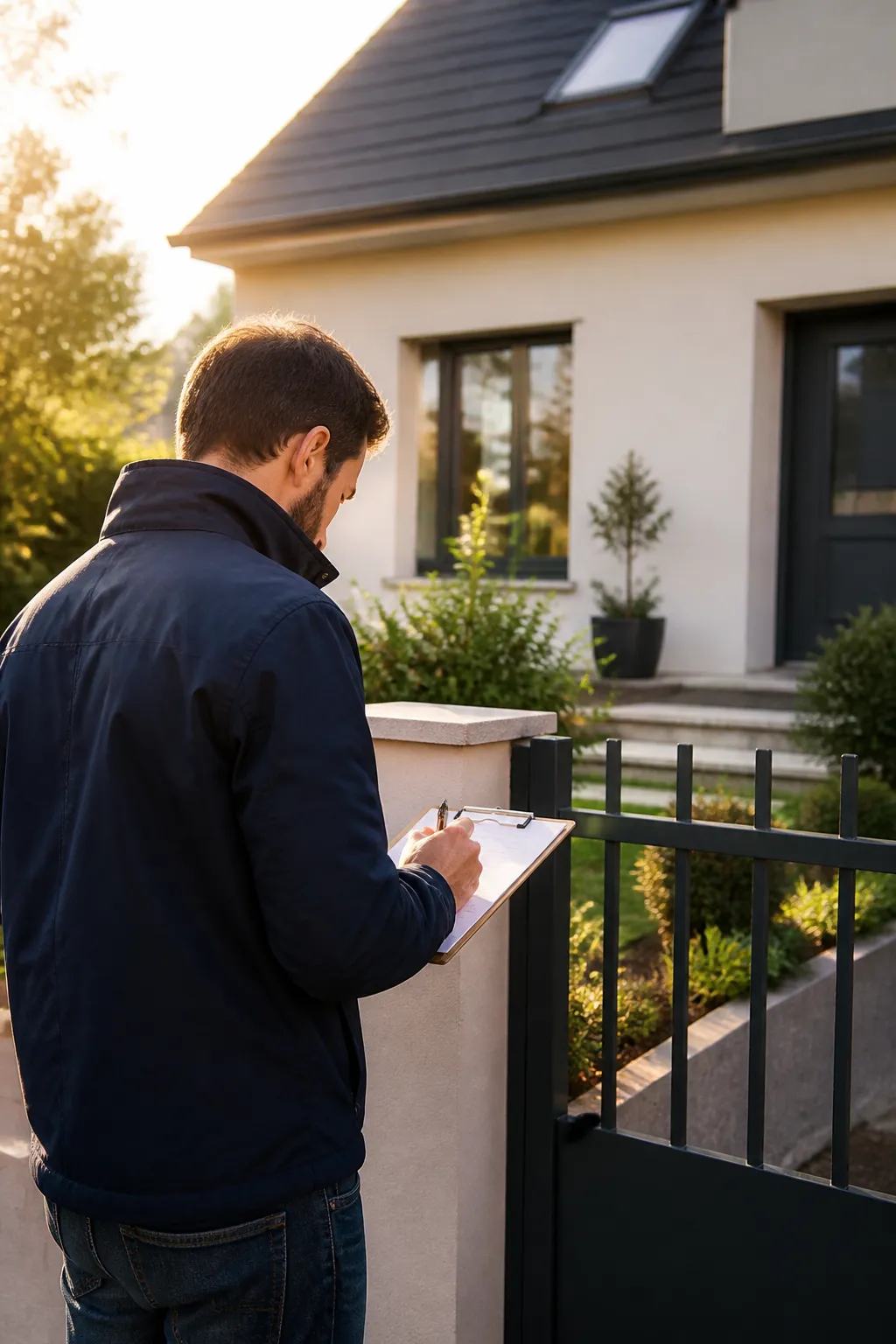 Expert en bâtiment prenant des notes devant une maison avec jardin
