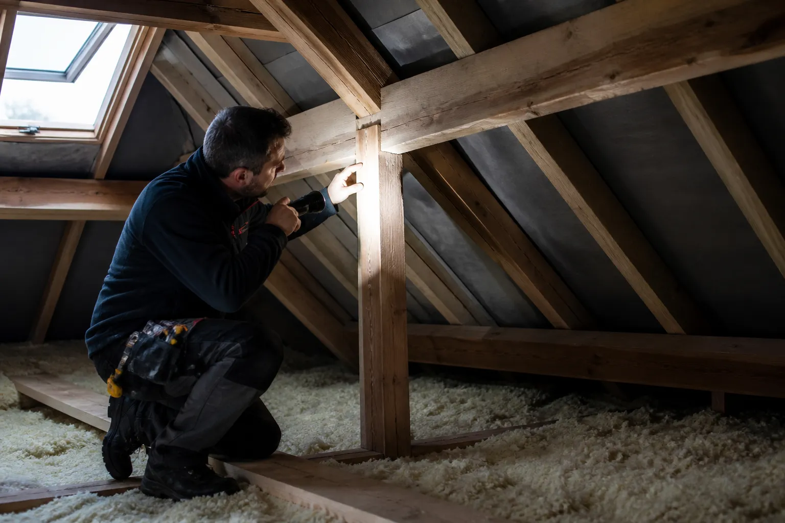 Expert examinant les combles et la charpente d’une maison