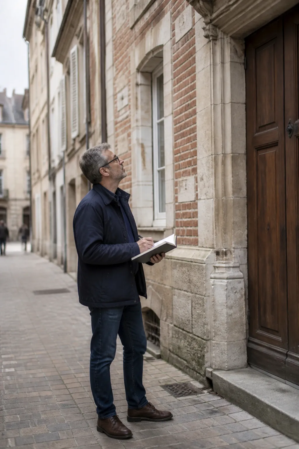 Expert en bâtiment devant l’entrée d’un immeuble ancien à Troyes