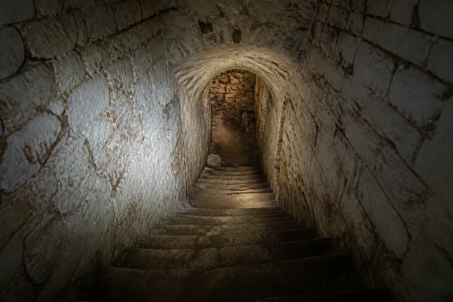 Escalier de pierre descendant vers une cave voûtée