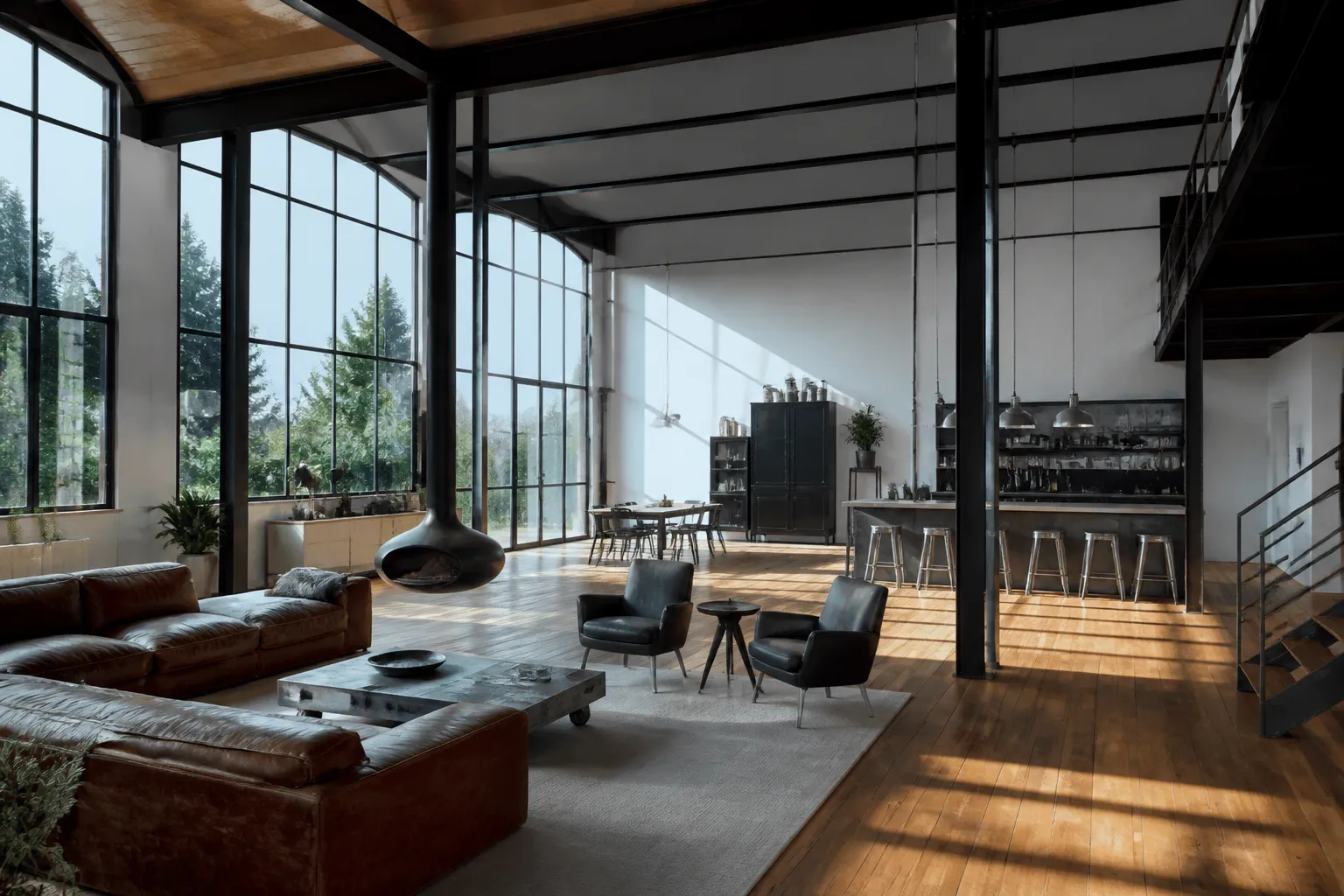 Intérieur d’un loft aménagé dans un ancien atelier industriel