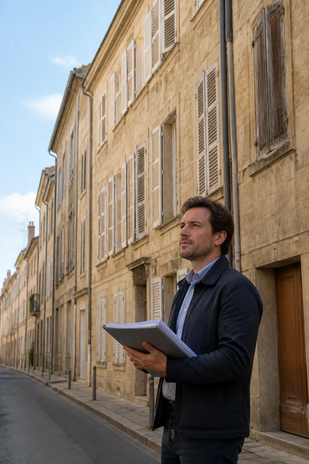 Expert en bâtiment devant un immeuble ancien en pierre à Carcassonne