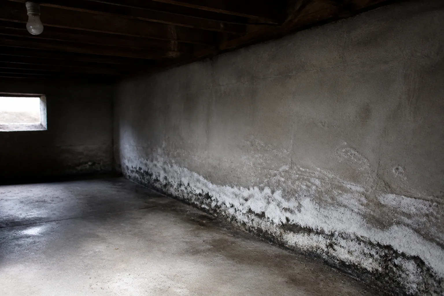 Sous-sol de maison avec traces d’humidité au bas des murs