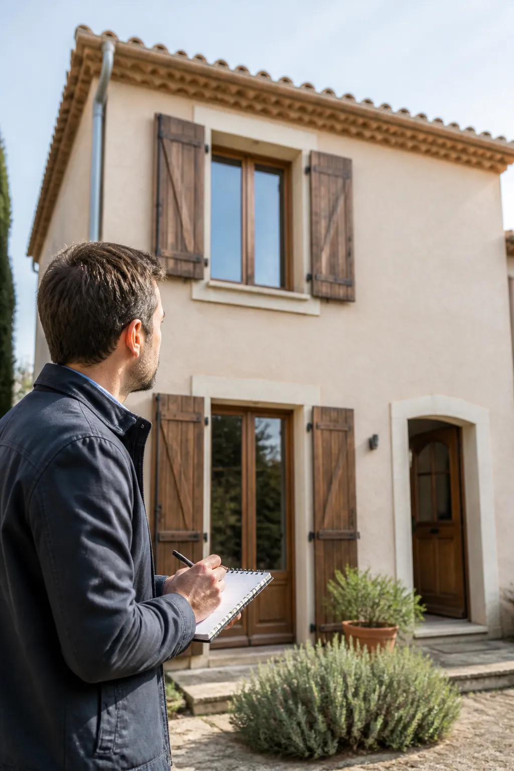 Expert en bâtiment devant une maison de ville à volets bois