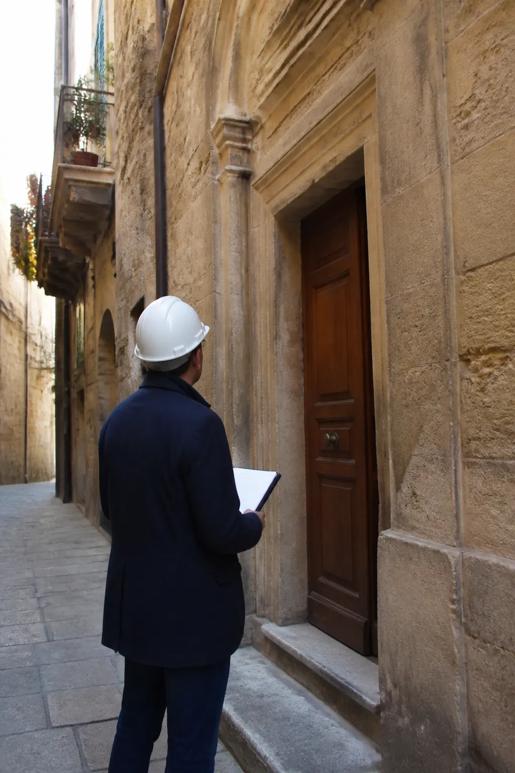 Expert en bâtiment devant un immeuble ancien de centre-ville à Rodez