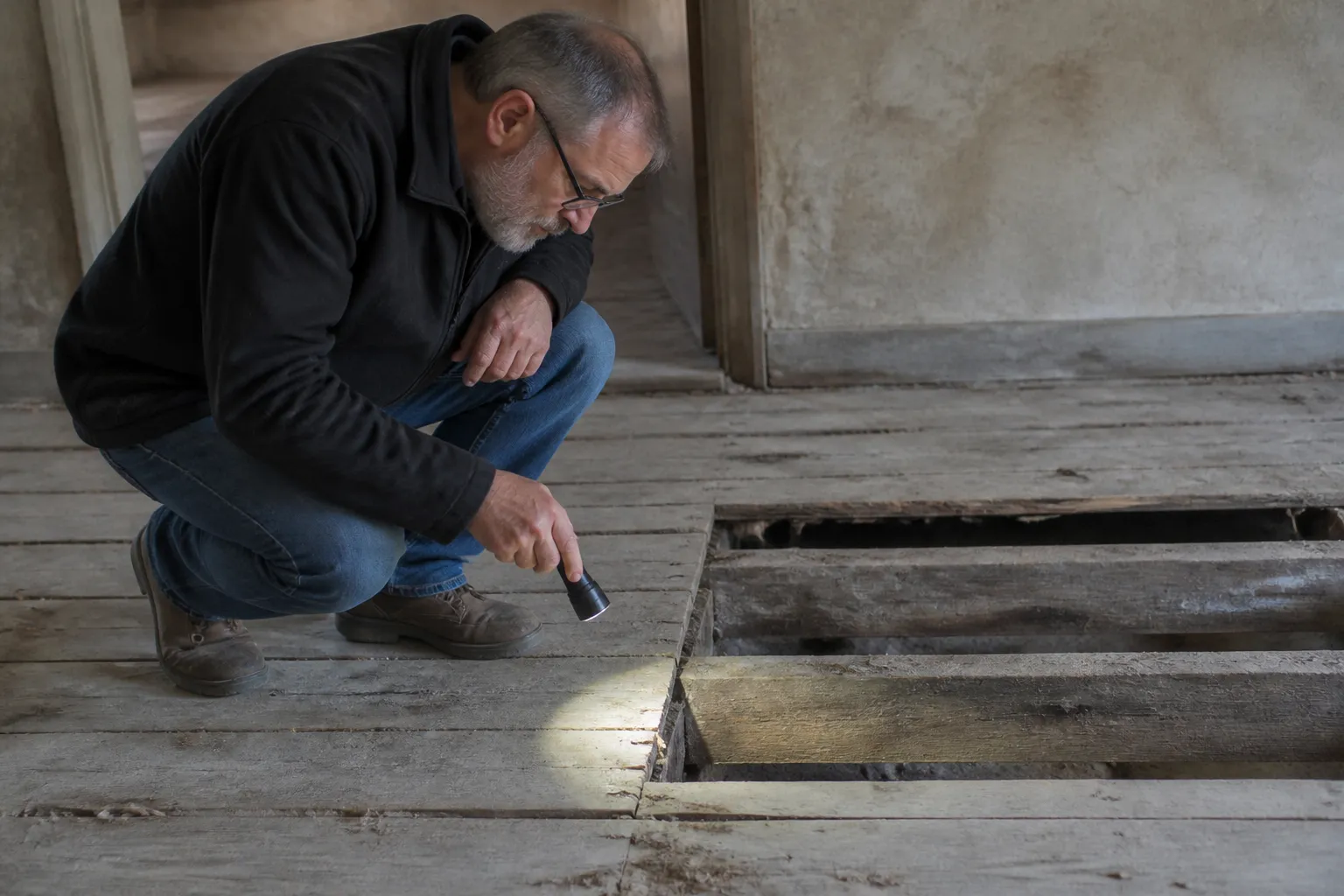 Expert examinant un plancher bois dans un immeuble ancien