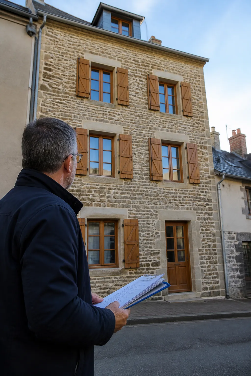 Expert en bâtiment devant une maison de ville en pierre