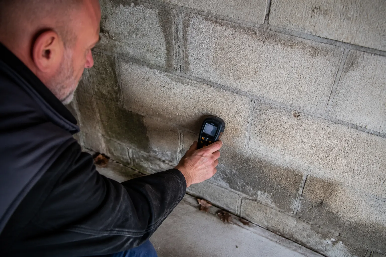Expert mesurant l’humidité d’un mur de garage