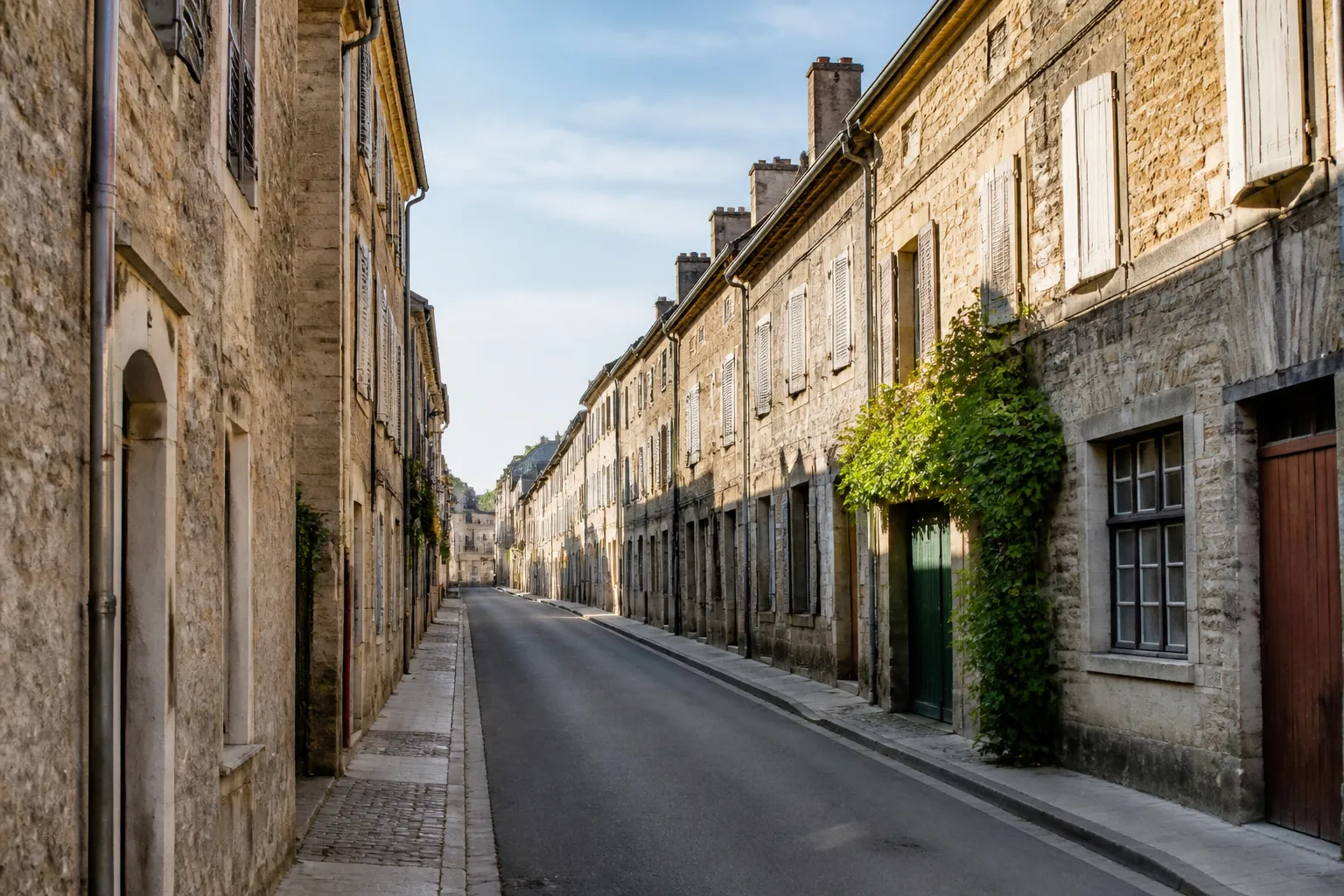 Rue droite bordée de maisons anciennes en pierre