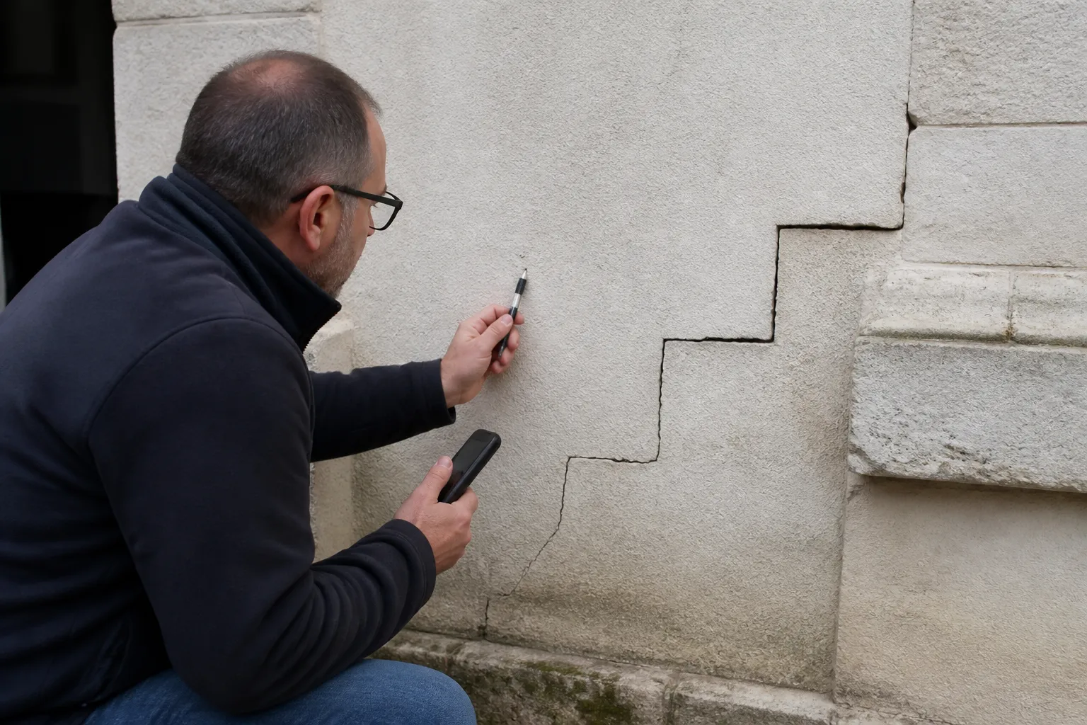 Expert observant une fissure en escalier sur une façade
