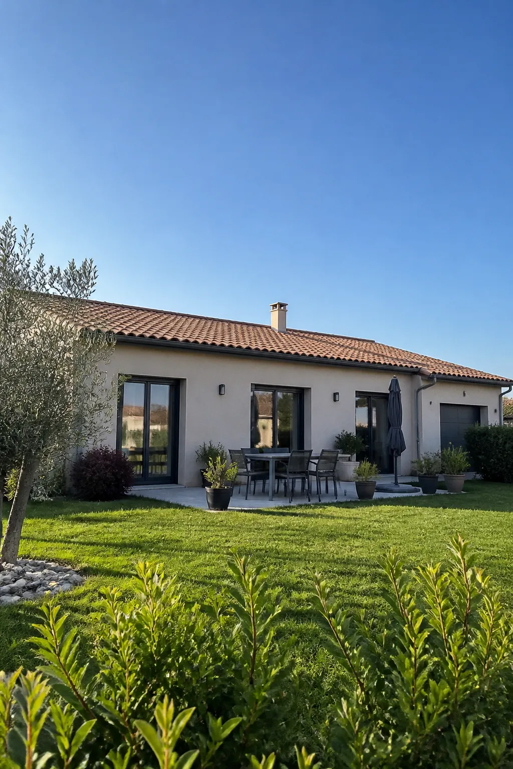 Maison individuelle récente avec jardin sous un ciel dégagé