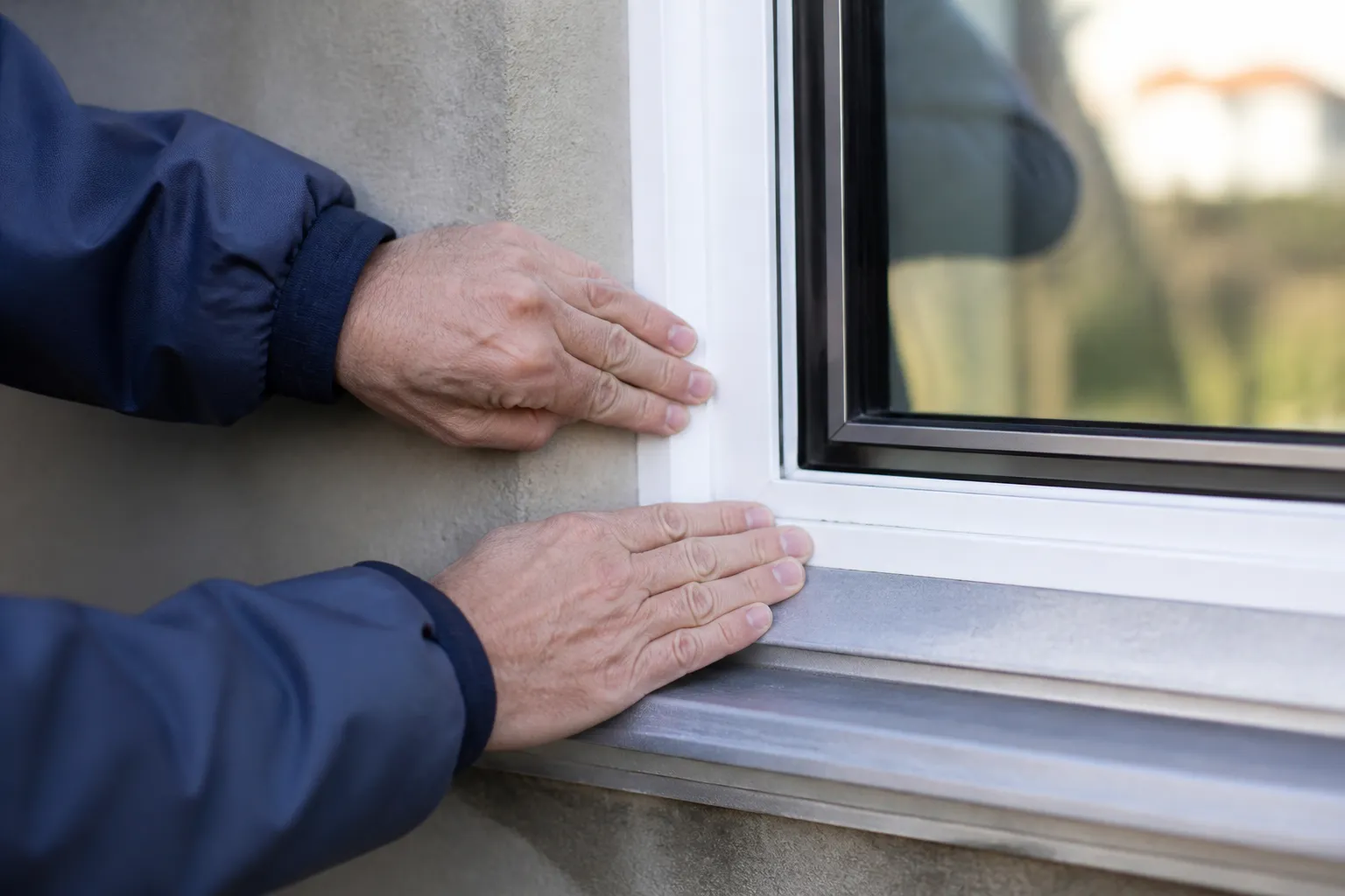 Expert examinant une menuiserie extérieure de maison