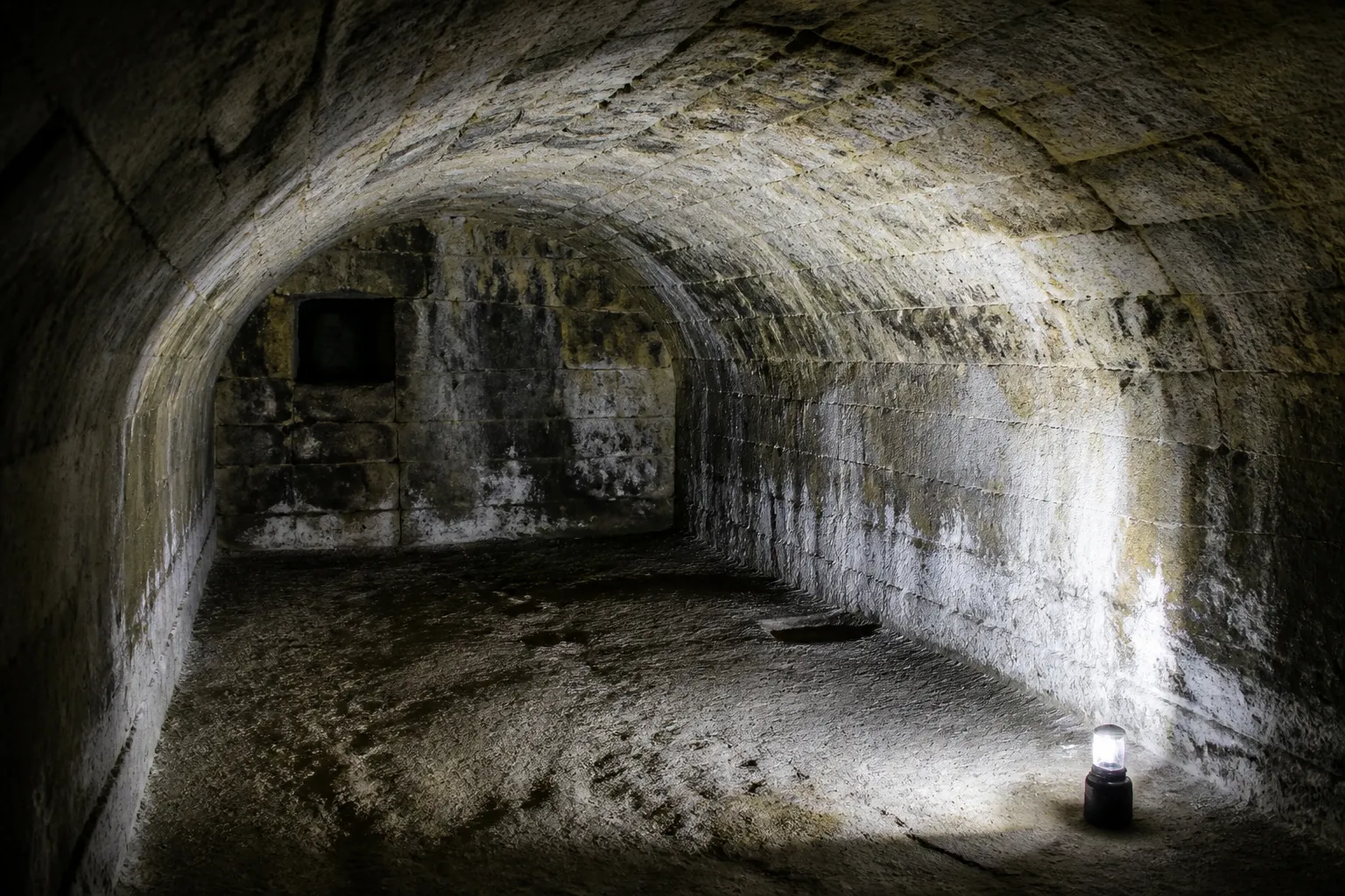 Mur de cave voûtée avec traces d’humidité en partie basse