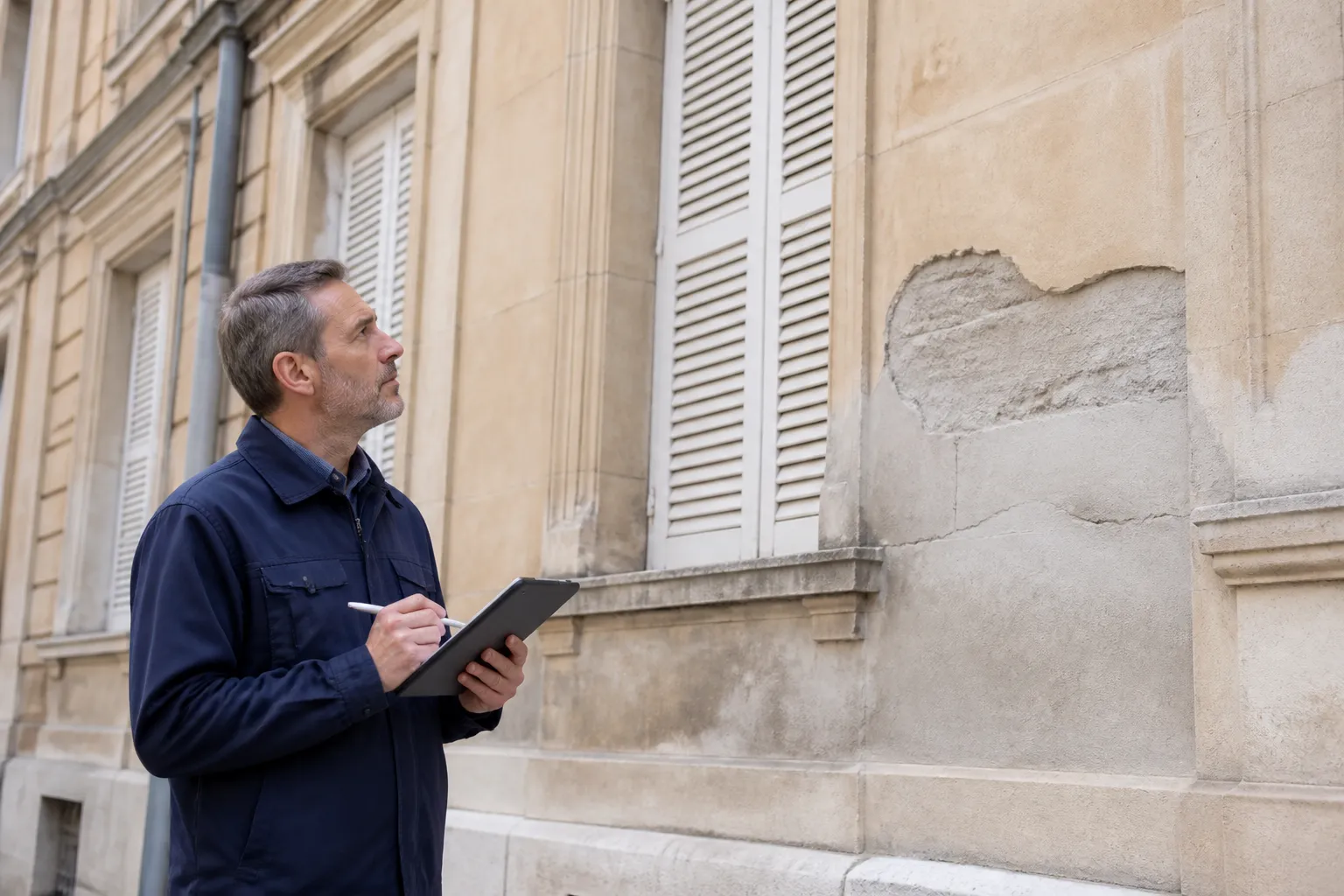 Expert notant ses constats devant une façade d’immeuble