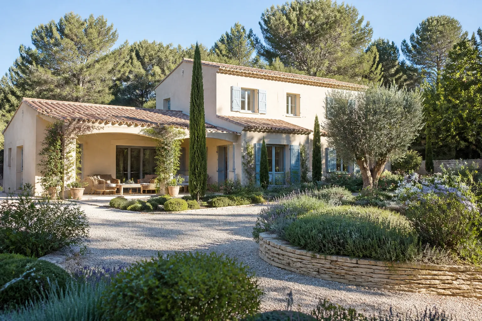 Villa provençale avec pins en arrière-plan